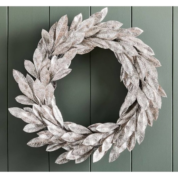 West Elm Other - New West Elm Kraft/ Glitter leaf silver Hanging Holiday Wreath 18” Pottery Barn
